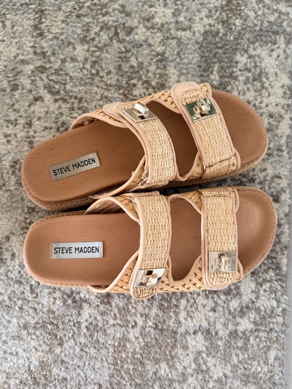 Steve Madden Tan Woven Double-Buckle Slides